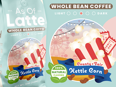 Kettle Corn Flavored Coffee blue carnival coffee county fair design flat flavor food green illustration illustrator logo outdoors packaging photoshop red sky type typography vector