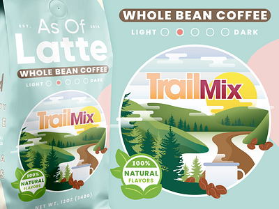 Trail Mix Flavored Coffee coffee design flat flavor food green hike illustration illustrator logo nature outdoors packaging photoshop sky trail trees type typography vector