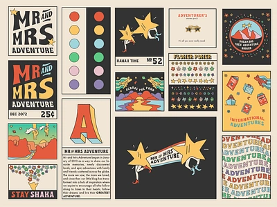 Mr & Mrs Adventure Brand 70s adventure brand identity branding branding design color palette groovy icon icon set illustration logo psychedelic rad retro retro logo rgb shaka star travel type