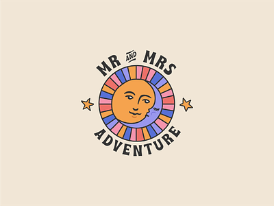 Mr & Mrs Adventure Logo animation animation 2d brand brand identity color palette gif gif animation hand drawn illustration kiss logo logotype love moon stars sun sunset type video youtube