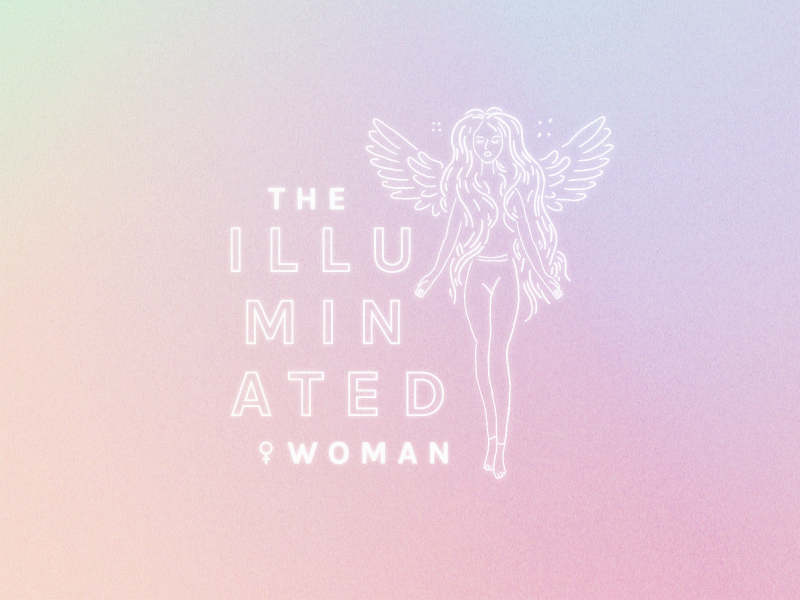 The Illuminated Woman angel colorful feminine glitter glow gradient hair hand drawn illustration lineart logo modern outline sparkle type wings