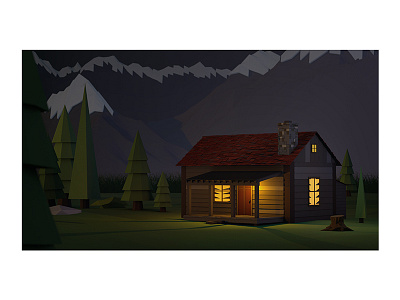 Night at the Cabin 3d c4d cabin cinema 4d low poly lowpoly mountains render stump trees