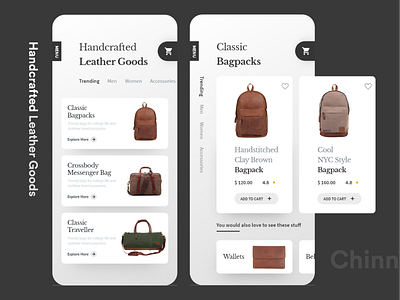 Handcrafted Leather Bag E-Commerce Interaction adobexd app bagpack e commerce interaction interaction design minimal ui ux