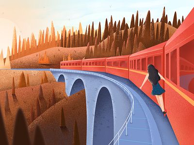 Travel alone bridge color design girl illustration people train ui vector