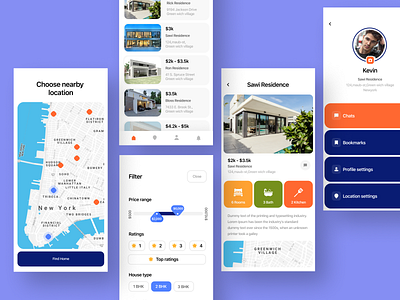 Real estate app app booking color concept filter grid home house icons location map profile ratings real estate realestate region rent room slider ui