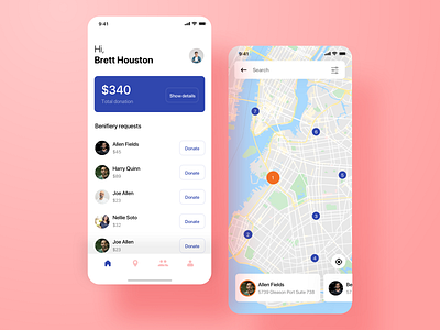 Donation app app card clean colors concept donate donation icons list map page profile screen search ui view