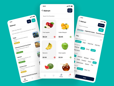 Grocery app android button cards clean color concept filter food app fruits grocery ios minimal minimal design popup tags ui ux vegitable white