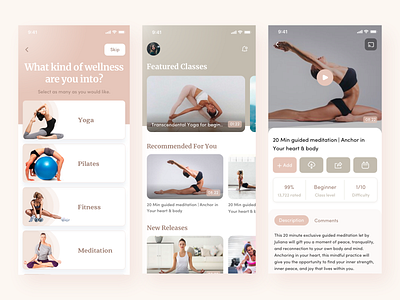 Yoga and meditation app activity app course design gym healthy interface ios mobile personal sport trainer ui uidesigns uxdesign video weight workout yoga