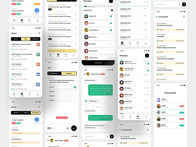 Education app app card chat chat bubble clean colors components design system education elements grid icons learning list minimal profile study tab ui ux
