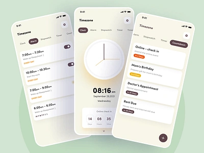 Timezone app alarm android appoinment calendar clock countdown create icon ios list minimal reminder settings shedule stopwatch switch time timer ui watch