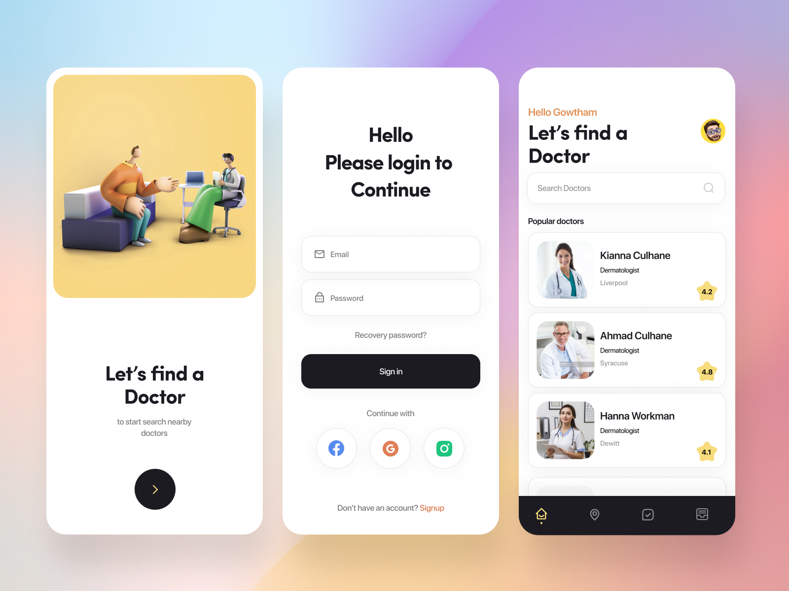 Doctor app 3d avatar button cards doctor icon illustration list login medical minimal modern ratings search social media spalsh typography ui ux