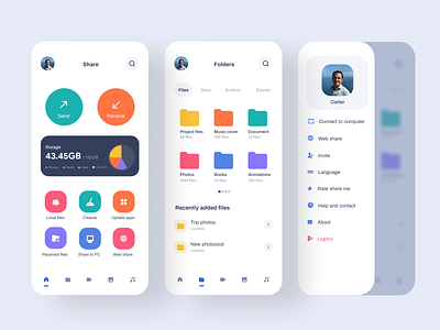 File share app app chart colors concept design file folder home icons minimal modern page profile receive screen send share tags typography ui