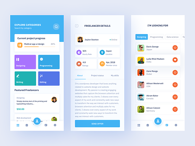 Freelancer marketplace app cards clean colors concept ecommerce freelance grid icons market marketplace minimal online screen search tab ui uidesign ux ux design