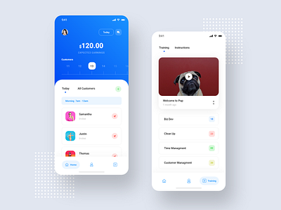 Puppy app animation app app design blue booking app clean colors design dog grid home page illustration landingpage menu minimal mobile app profile simple ui ux