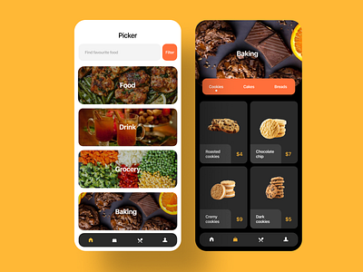 Picker app animation black business cards clean design effect food food app grid icons illustration ios landing page list mobile order page screen website