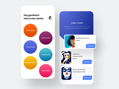 Stories app android app book card circle clean colorful colors concept concept art design gradient illustration minimal minimalism minimalist profile screens stories ui