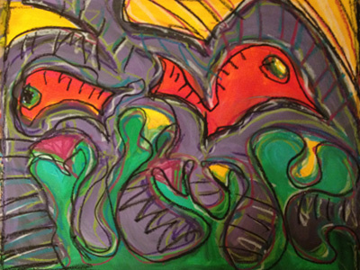 Abstract Fish Bird Eye abstract acrylic fine art mixed media pastel