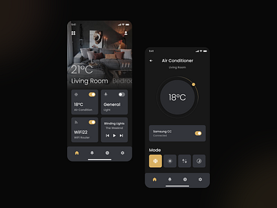 Smart Home App app branding card clean darkmode design graphic design home illustration menu minimal smarthome switcher ui ux vector