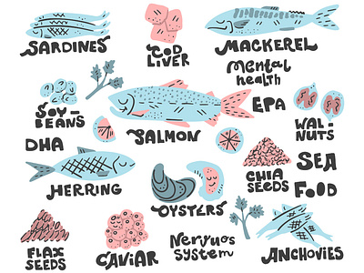 Omega 3 Sources animal design fish flat icon illustration lettering marine minimal omega sea sea food typography ui ux vector web