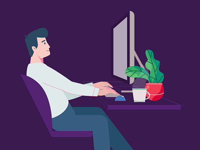 Office Work character colors design flat illustration job magenta office plant typing work