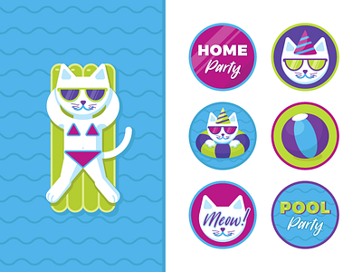 Party Stickers ball cat cool design flat fresh meow party pool sticker sunglasses