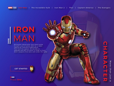 Iron Man | Phase One - Marvel Studios branding character concept design graphic design illustration ironman landing page marvel phaseone studios typography ui uiux uiuxdesign ux vector web web design website
