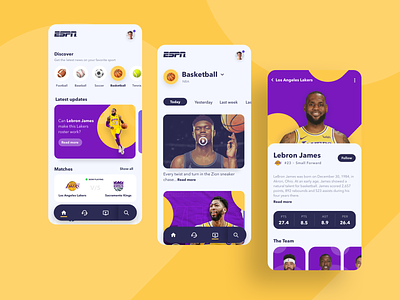 Sports News App app app design basketball colorful colors design espn feed lakers minimal minimalism minimalist news news feed newsfeed shapes ui ui design user interface web design