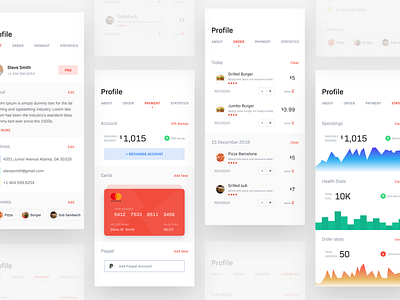 Parachute_food app_profile adobexd analytics app apple application bio cards charts credit card dashboard details food gradient graph mobile order payment profile statistics stats