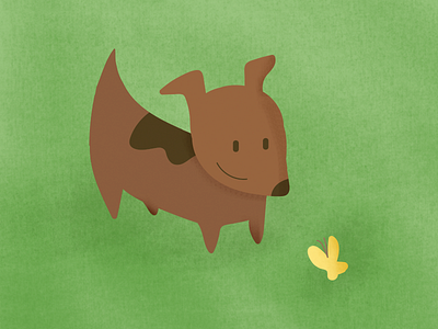 A brown dog and a yellow butterfly