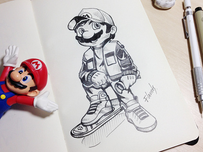 Mario McFly. back to the future character crossover drawing hover board illustration ink mario mario bros marty mcfly mcfly nankin