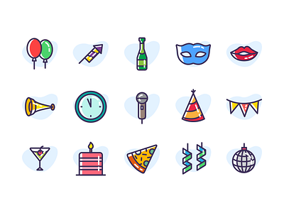 Celebration Party Icon Set balloons blue cake disco icon design iconography icons icons set illustration kiss lip mask pizza