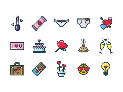 Valentine Icon Set (2) champagne chocolate flat icon graphic heart icon icon design icon set iconography lamp lipstick love onboarding romance ui ui design uiux underwear valentines