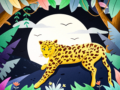 Leopard illustration moon rainforest