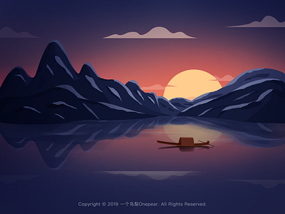 Dusk boat illustration sun