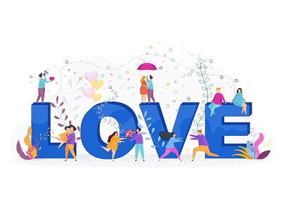Word LOVE with love couples characters couple flat love valentine day vector