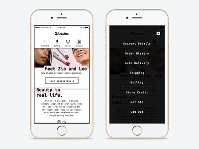 Glossier Mobile Redesign Concept glossier landing page mobile navigation ui
