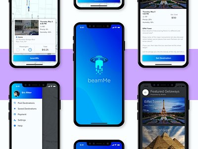 beamMe - A Teleportation App alien app gradient interface iphone mobile ride share teleport ufo ui