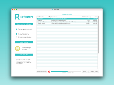 Reflectera preserving Photos & Videos sync app UI (OSX/WIN)