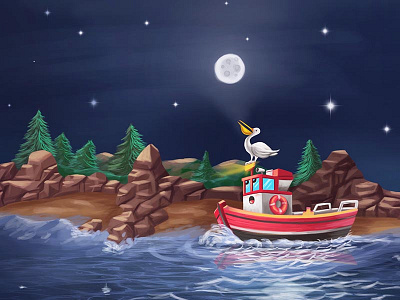 Book Illustration - Brave Red Boat boat book brave digital painting illustration kids book night scene ocean red boat