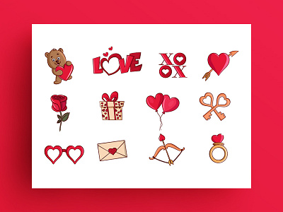 Valentine Stickers bow gift heart icons love red rose stickers teddy valentine xoxo