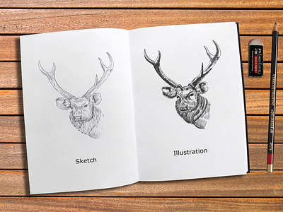 Stag Illustration black and white cartoon character detailed etching illustration inking mascot rough vector