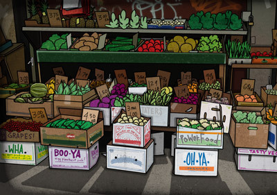 A NYC Veggie stand background illustration digital painting photoshop