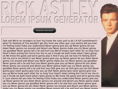 Rick Astley Lorem Ipsum Generator ipsum lorem web app webdesign