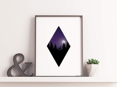 Moonlit deer. diamond etsy geometric home decor illustration print procreate purple wall art