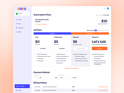 [Doku] PDF Web App Plans & Billing billing design documents orange payment pdf editor plans pricing purple subscription ui webapp