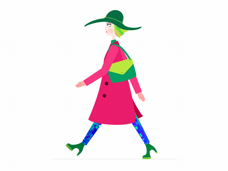 Lady in pink coat 2d 2d animation after effects animation character fashion hat illustration mograph motion design motion graphics rubberhose walkcycle walking