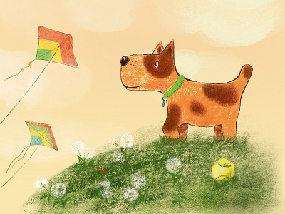 A dog who dreamed of flying children illustration dandelions dog illust illustration kids illustration kites procreate