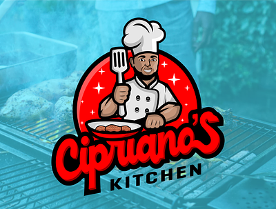 Ciprianos Kitchen bbq restaurant chef chef hat designer drink food illustration logo man mascot meat red restaurant spatula taste vector
