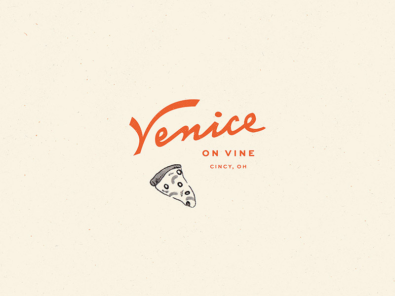 Venice on Vine red european vintage pizzaria watercolor illustration pizza restaurant script italian lettering logo