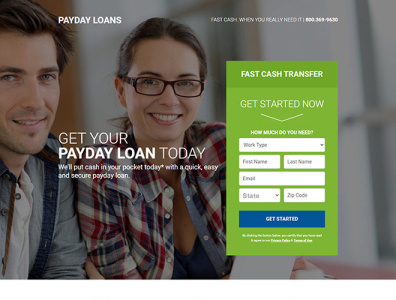 Payday cash loan lead capture landing page design